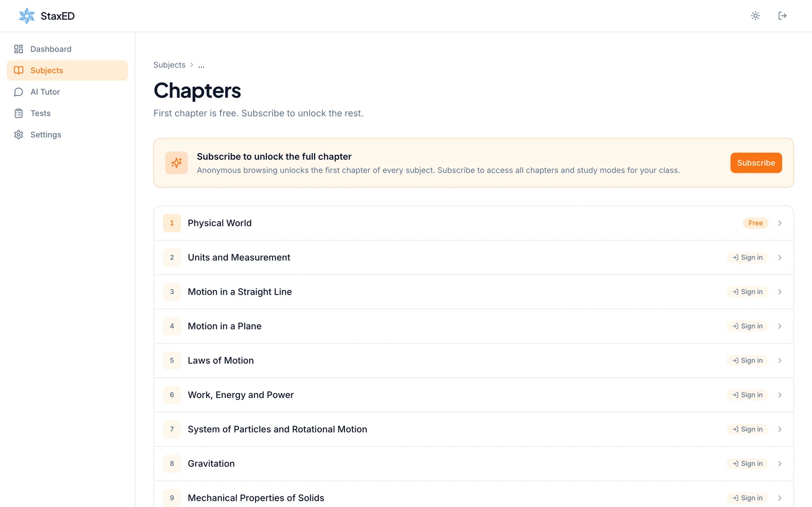 A StaxED chapter list, each chapter showing its study modes and progress
