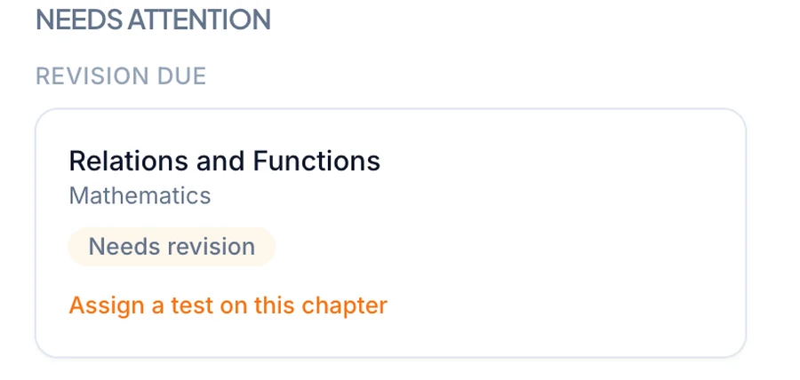 The needs-attention panel flagging a chapter for revision, with a one-tap option to assign a test on it