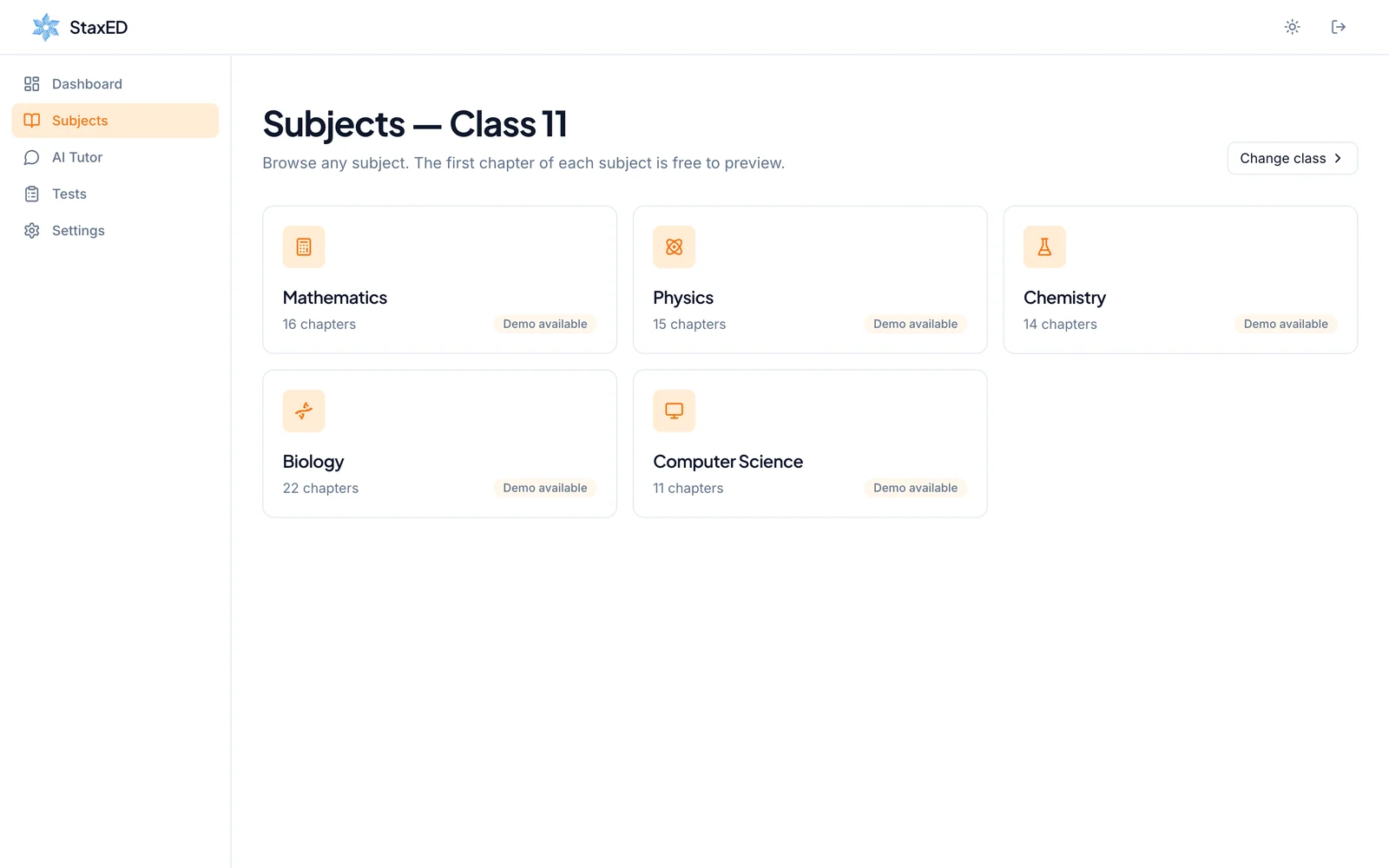 The StaxED subject list for a class, each subject opening into its chapters