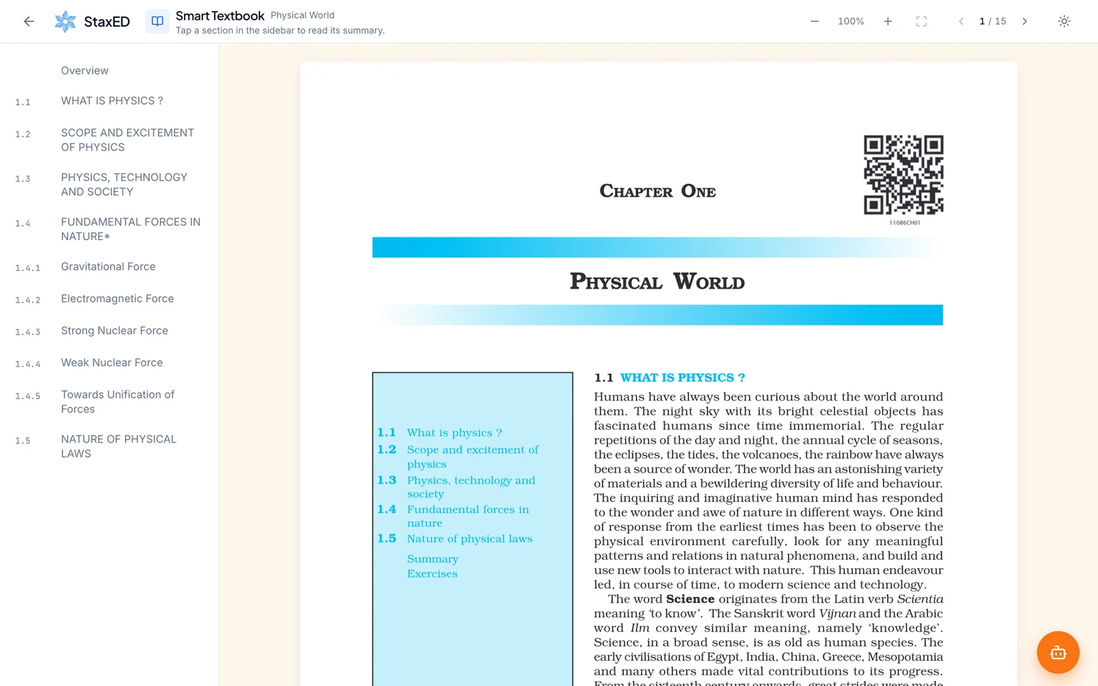 Smart textbook in StaxED: The real NCERT chapter, with a summary of every section in the sidebar.